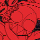 Doodle of Moon from Security Breach. He is visibly struggling as a wild Y/N maims and bites a corner of his face.