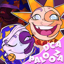 Done by Mewah/Skizabaa. Digital illustration of Sun, Moon and Eclipse. Eclipse is seen in the background, hidden in purple/magenta shadows. He glows slightly similar to the in-game arcade cabinet version. Sun and Moon are in the middle ground, smiling at t